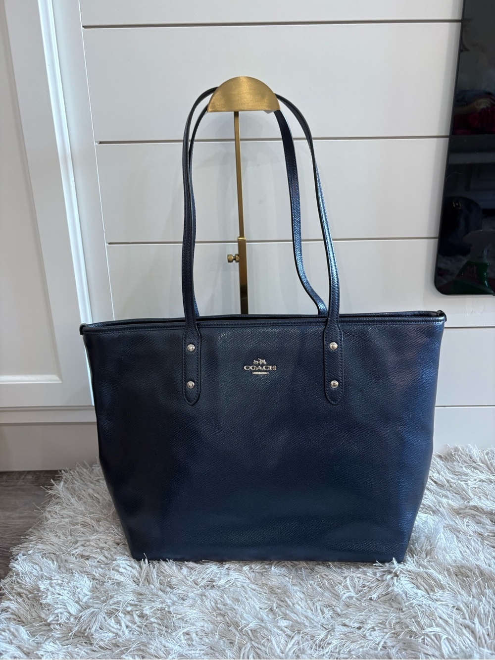 Coach Navy Pebble Leather Tote with Gold Logo Hardware